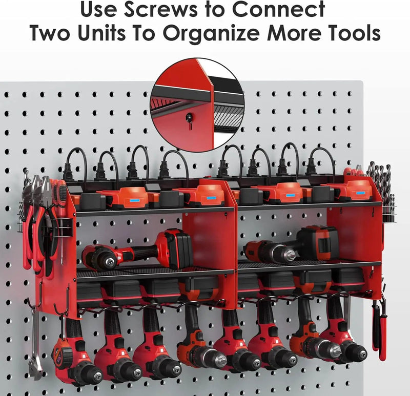 CCCEI Modular Power Tool Organizer Wall Mount Charging Station, Red 6 Drills Holder with 8 Plug Power Strip 10FT, Garage Drill Battery Heavy Duty Metal Shelf, Utility Rack with Hooks, Side Storage. by GreenHaven Gardens