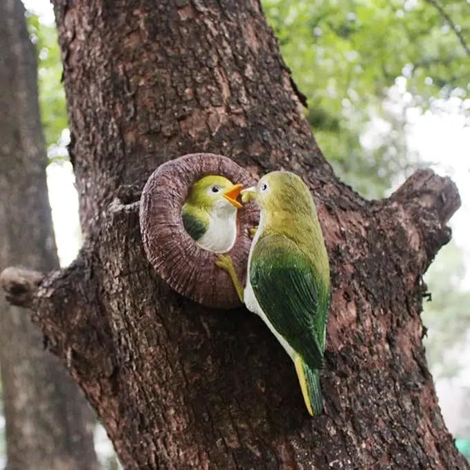 Mom and Baby Hummingbird Tree Hugger, Resin Bird Figurines Art Sculpture, Hanging Garden Statue Tree Peeker Ornament for Patio Lawn Porch Yard Outdoor Decorations by GreenHaven Gardens