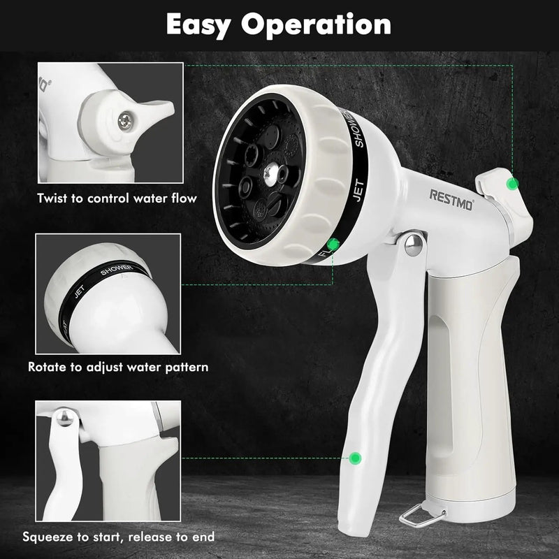 RESTMO Garden Hose Nozzle, Heavy Duty Metal Water Hose Nozzle with 7 Adjustable Spray Patterns, High Pressure Hand Sprayer with Flow Control, Best for Watering Plant & Lawn, Washing Car & Pet, White by GreenHaven Gardens