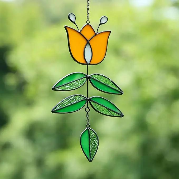 Tulip Stained Glass Suncatcher, Valentines Day Gifts, Folk Flower Stained Glass Window Hanging Sun Catcher, Retro Home Decor, Window Decorations for Plant Lovers, 9.4" x 4.7" by GreenHaven Gardens
