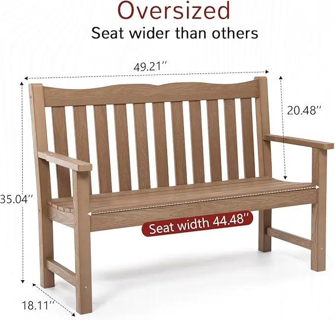 Outdoor Bench, 2-Person Poly Lumber Garden Bench, All-Weather Outside Bench with 800 lbs Weight Capacity, Never Rot or Fade, Looks Like Real Wood, Teak by GreenHaven Gardens