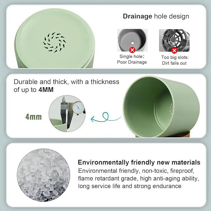 5 Pack Cylindrical Flower Pots with 7/6.5/6/5/4 inch, Modern Small Plastic Plant Pots with Drainage Holes & Saucers, Round Planter Pots for Outdoor, Indoor & Office Decor (Green Brown) by GreenHaven Gardens