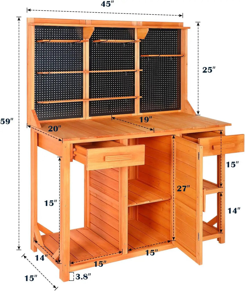 Outdoor Garden Potting Bench, Horticultural Wooden Workstation Table with Storage Drawer, Cabinet, Metal Pegboard, Adjustable Hooks and Shelves for Backyard, Patio, Greenhouse by GreenHaven Gardens