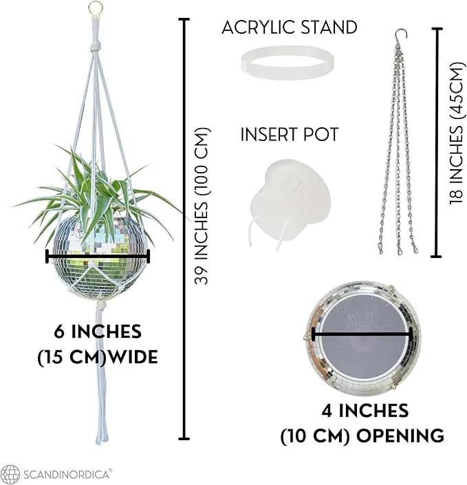 SCANDINORDICA Disco Ball Planter – Value Package: Mirror Disco Planter with Chain, Macrame Hanger and Acrylic Stand for Desk, Includes Self Watering Insert, Disco Ball Decor | 6 inch Silver by GreenHaven Gardens