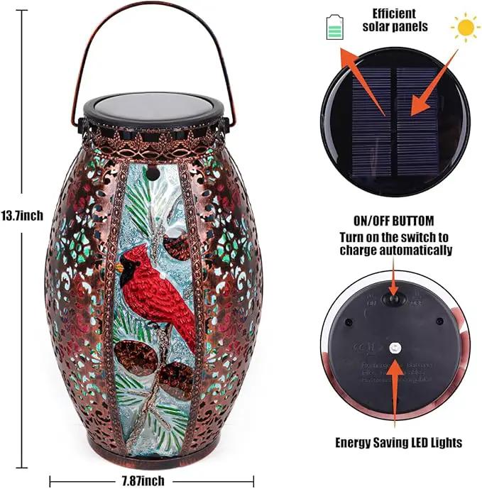 Solar Lanterns Outdoor Hanging Light - Cardinal Solar Powered LED Glass Lights Decorative Waterproof Tabletop Lamp with Hollowed-Out Design for Yard Table Patio Garden Pathway Holiday by GreenHaven Gardens