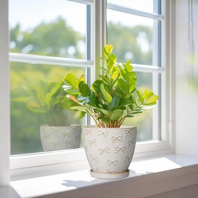 Ceramic Plant Pot 6 Inch - Ceramic Planter with Drainage Hole and Saucer Round Planter Flower Pot for Indoor Plants Outdoor Home Garden Office Decor White by GreenHaven Gardens