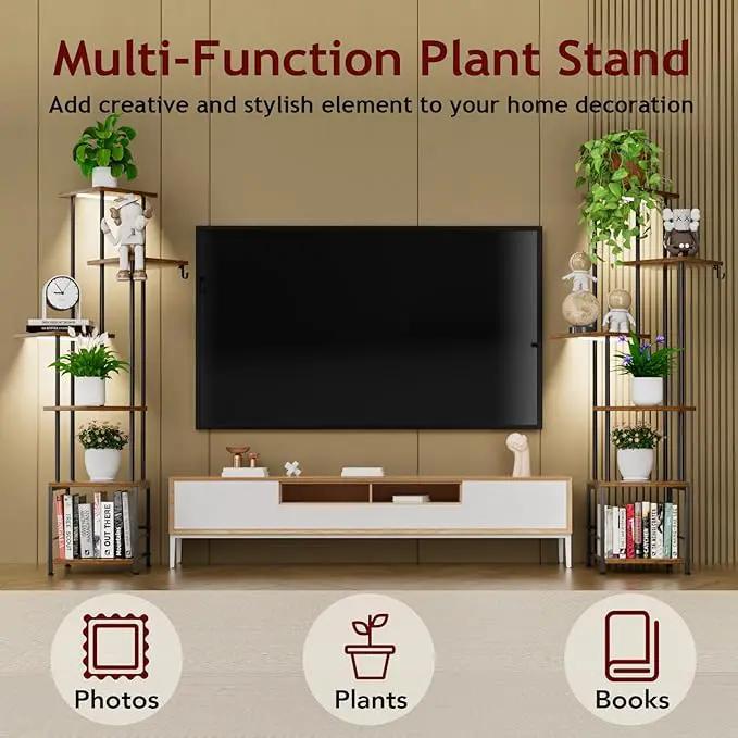 Plant Stand Indoor with Grow Light, 6-Tiered Tall Plant Stand Indoor, Metal Plant Shelf with Hanging Basket Hook and Adjustable Light, Ideal for Living Room, Garden, Patio, （Brown and Black） by GreenHaven Gardens