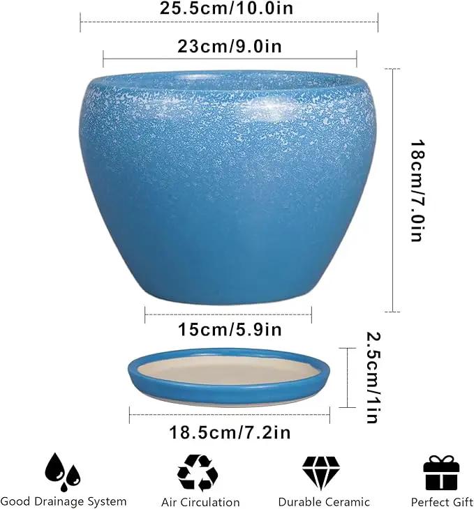 Ceramic Planter Pot 10 Inch - Ceramic Plant Pot for Indoor Outdoor Plants, Large Flower Pot with Drainage Hole and Saucer, Blue by GreenHaven Gardens