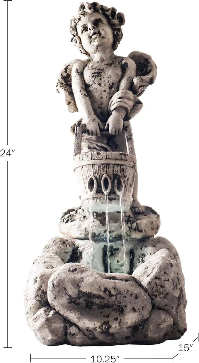 Outdoor Water Fountain With LED Lights, Lighted Cherub Angel Fountain With Antique Stone Design for Decor on Patio, Lawn and Garden By Pure Garden 10.25x15 by GreenHaven Gardens