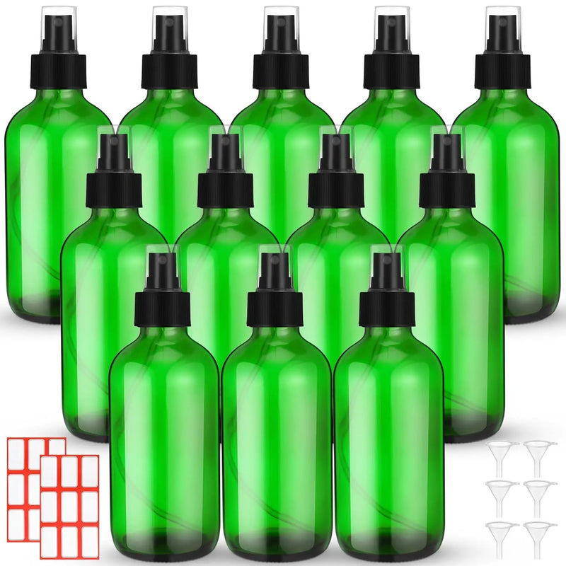 Norme 12 Pcs 8 oz Glass Spray Bottles with Funnels and Labels Refillable Cosmetic Empty Spray Bottles with Sprayer Containers for Essential Oil Cleaning Solutions (Green,Stylish) by GreenHaven Gardens
