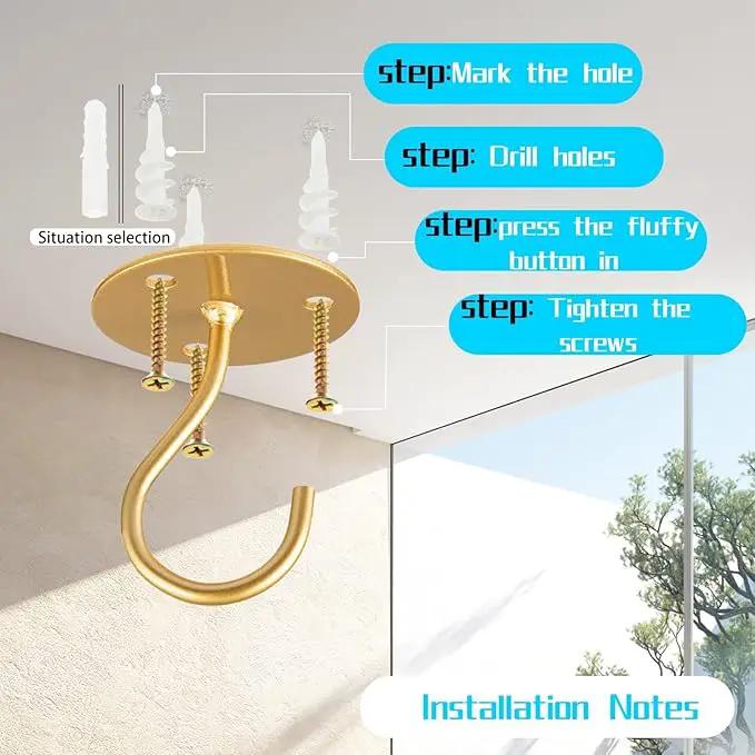 Ceiling Hooks for Hanging Plants- Metal Heavy Duty Wall Mounted Hangers for Hanging Bird Feeders, Planters, Wind Chimes, Include Professional Drywall Anchors (5 Pack) (Bright Gold) by GreenHaven Gardens