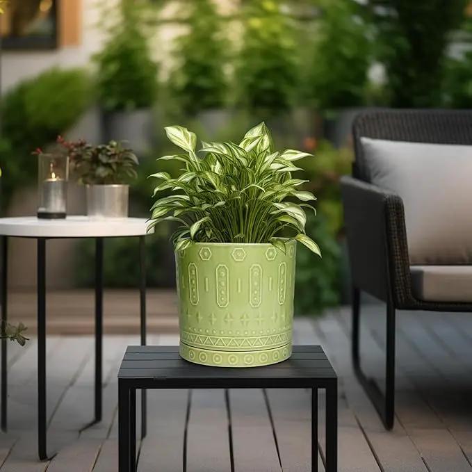 8 Inch Plant Pots - Ceramic Planter for Indoor Plants Outdoor, Round Ceramic Flower Pots with Drainage Hole and Saucer, Boho Decorative Planter, Home Bedroom Decor, Birthday Gifts, Green by GreenHaven Gardens