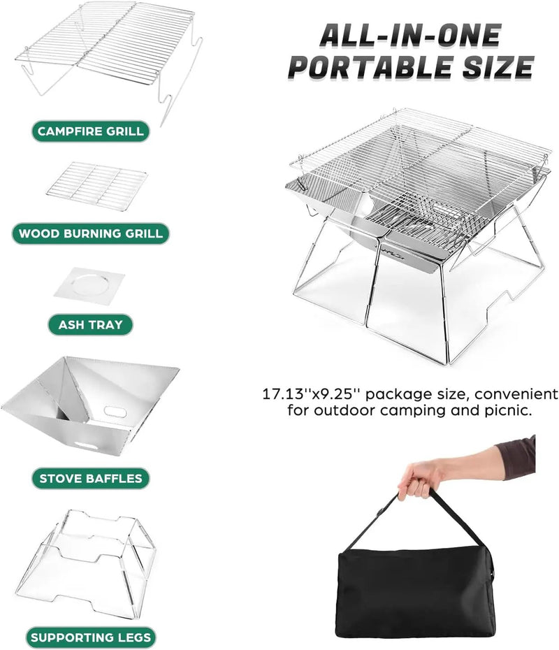 Odoland Folding Campfire Grill, 304 Stainless Steel Grate Barbeque Grill, Portable Camping Grill with Legs for Picnics, Backpacking, Outdoor with Carrying Bag and Kitchen Tongs by GreenHaven Gardens
