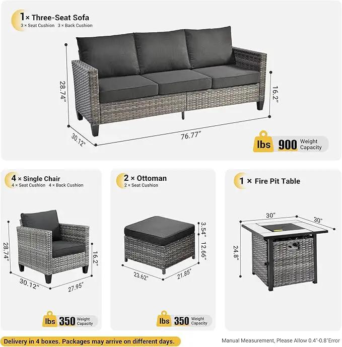 ovios 8 Pieces Patio Furniture Set with 30" Fire Pit Table, Outdoor Wicker Sofa with Comfy Cushions, All Weather High Back Rattan Couch Conversation Set, Black by GreenHaven Gardens