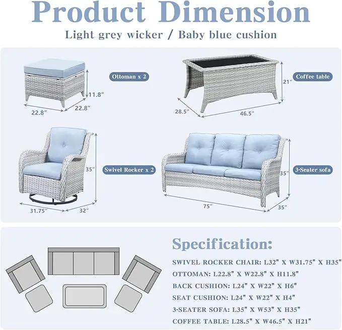 Wicker Outdoor Furniture Patio Furniture Set - 6 Piece Patio Conversation Set with Swivel Rocker Chairs, Rattan Sofa, Ottomans and Coffee Table, Baby Blue Cushion by GreenHaven Gardens