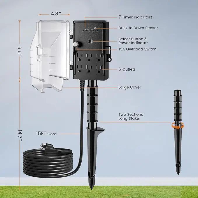 SURAIELEC Outdoor Power Stake, Dusk to Dawn Light Timer, 15FT Extension Cord Multiple Outlet; 6 Electrical Outlet Power Strip Weatherproof, for Patio Lights, Sprinkler, Garden, Christmas Decorations by GreenHaven Gardens