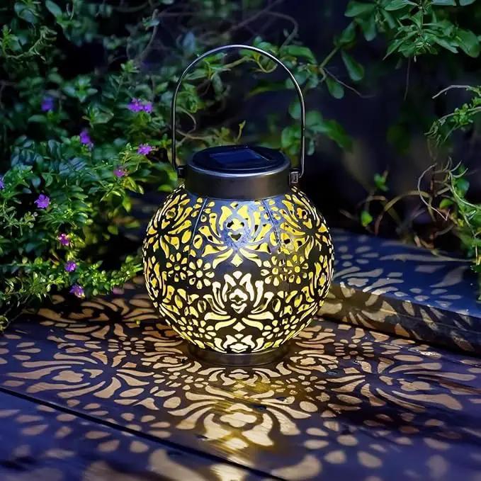 Set of 2 Outdoor Solar Hanging Lantern Lights Metal LED Decorative Lamp for Garden Patio Courtyard Lawn and Table with Hollowed-Out Design (Antique Bronze) by GreenHaven Gardens