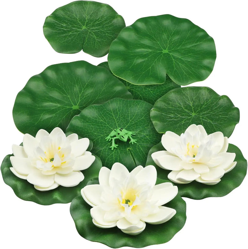 10pcs Artificial Floating Foam Lotus Flowers with Artificial Frog Lotus Leaves, Lily Pads for Lake, Pond Plants Ornaments for Pool Aquarium Water Decoration, White by GreenHaven Gardens