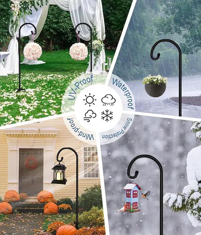 92 inch Outdoor Shepherd Hook with Upgraded 7 Prong Base (1 Pack), Adjustable Heavy Duty Garden Hanging Stake for Bird Feeder Solar Light Plant Hanger Wedding Decor, Matte Black by GreenHaven Gardens