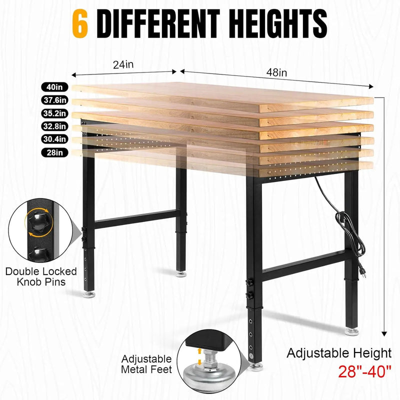 Adjustable Height Workbench, Heavy Duty Table Rubber Wood Workstation with Power Outlet & Pegboard for Garage, Office, Workshop, Home,Commercial (48"×24") by GreenHaven Gardens