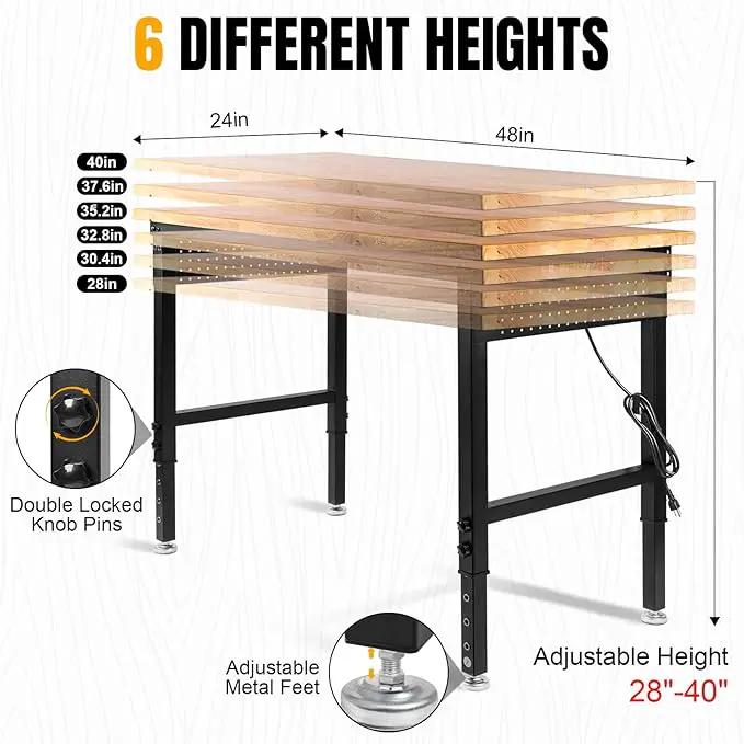 48" L×24”W Adjustable Workbench, 28”-40”Heights Heavy Duty Table 2000 LBS Load Capacity, Work Bench with Power Outlet & Pegboard, Rubber Wood Work Table for Garage, Office, Workshop, Home by GreenHaven Gardens