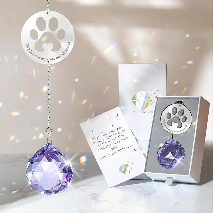 Dog Memorial Gifts, Unique Loss of Pet Sympathy Idea, Purple Crystal Ball Rainbow Suncatcher with Paw Print for Cat or Dog Remembrance and Bereavement by GreenHaven Gardens