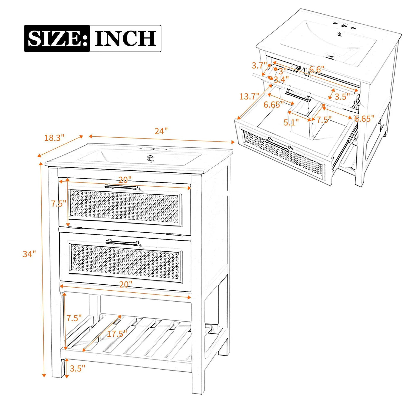 Modern Bathroom Vanity With Integrated Sink, Cabinet With 1 Deep Drawer And 1 Tip-Out Drawer by HouseOfZazla