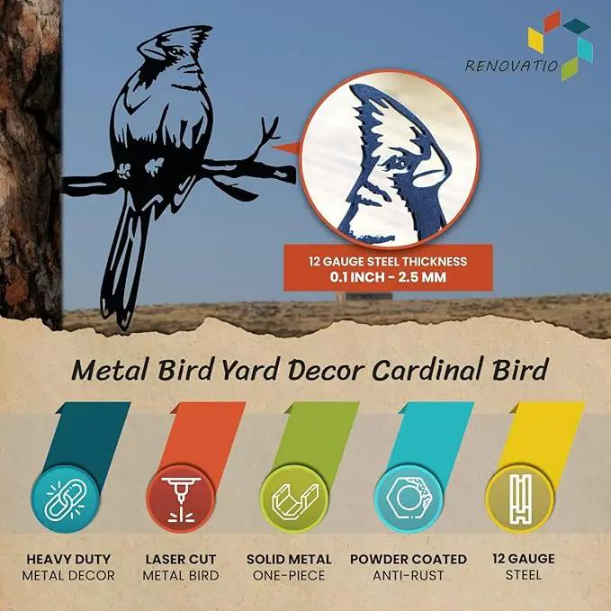 Renovatio Metal Bird Decor – Stylish Decoration for Yard & Garden – Perfect Outdoor Yard Art – 12 Gauge Thick Steel – Ideal Backyard Decor & Bird Ornaments – Cardinal Bird (Black) by GreenHaven Gardens