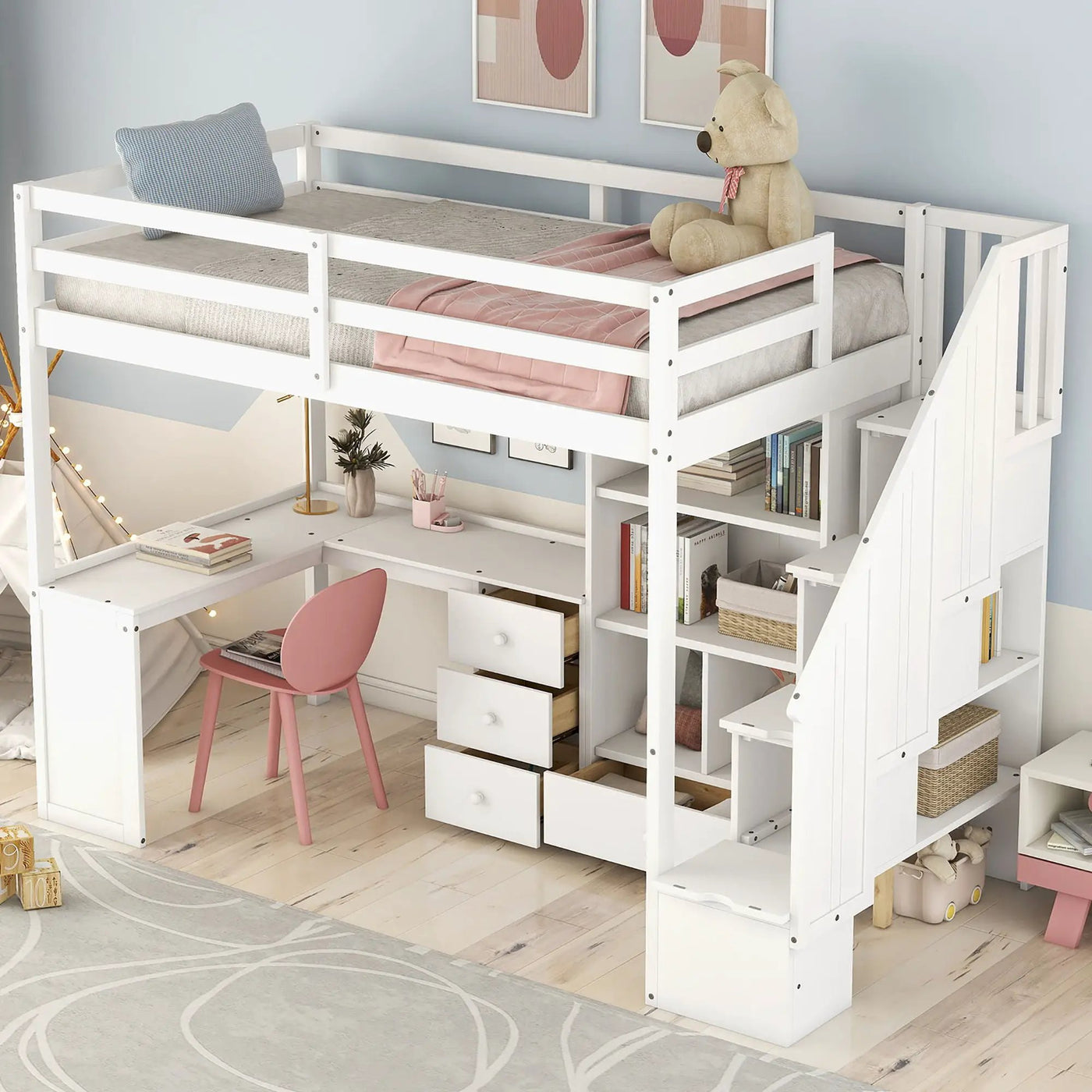 Loft Bed With L Shaped Desk, Drawers, Cabinet, And Storage Staircase by HouseOfZazla