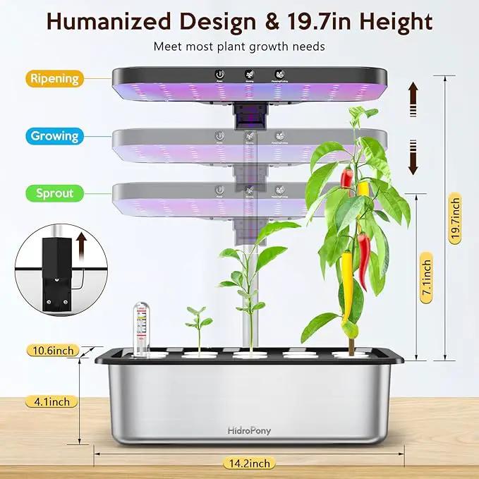 Hydroponics Growing System Herb Garden - HidroPony 15 Pods Indoor Gardening System with Grow Light, Stainless Steel Plants Germination Kit with Quiet Pump System, Gardening Gifts for Women by GreenHaven Gardens