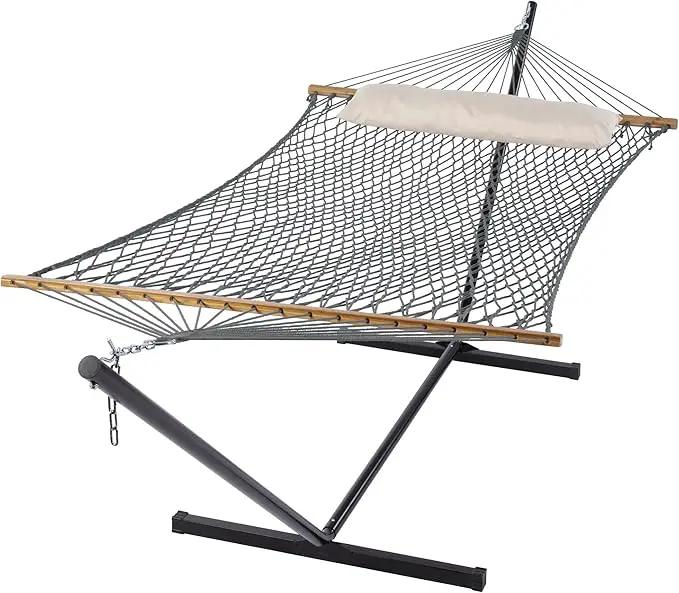 SUNCREAT Rope Hammock with Stand Included, Portable Double Hammock with Soft Pillow, Gray by GreenHaven Gardens