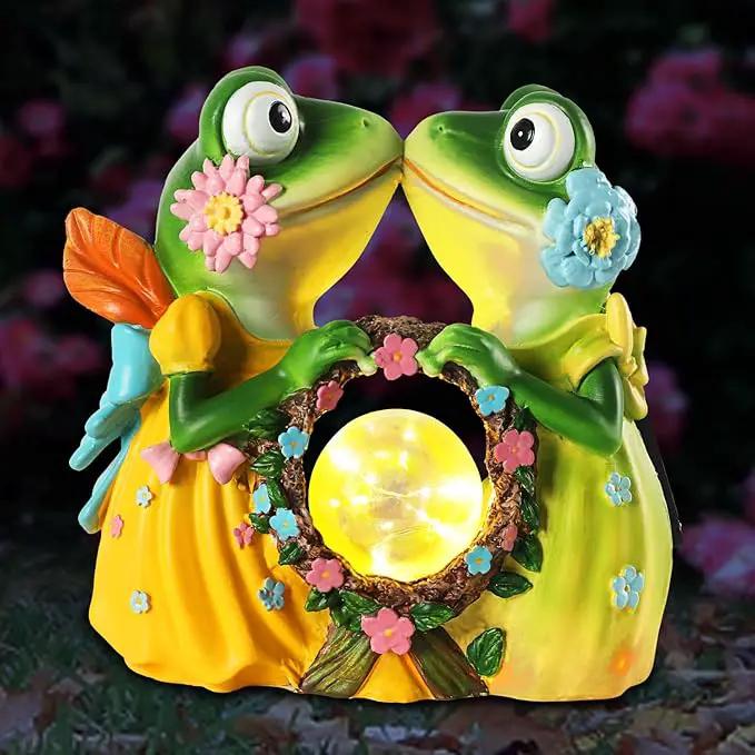 Solar Garden Decor Statue 6.5" Resin Kissing Frog Figurines with Glass Ball Waterproof Frog Decor for Outside Yard Patio Porch Decoration Gift for Mom Grandma Wife by GreenHaven Gardens