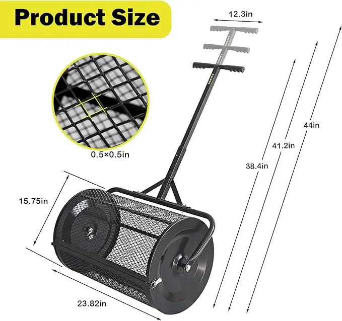 Compost Spreader, 24" Peat Moss Spreader, Roller Lawn Spreader with 3 Heights T Shaped Handle, Side Latches Powder Coated Steel Mesh Basket, Lawn & Garden Spreader for Spreading Manure Topsoil Black by GreenHaven Gardens