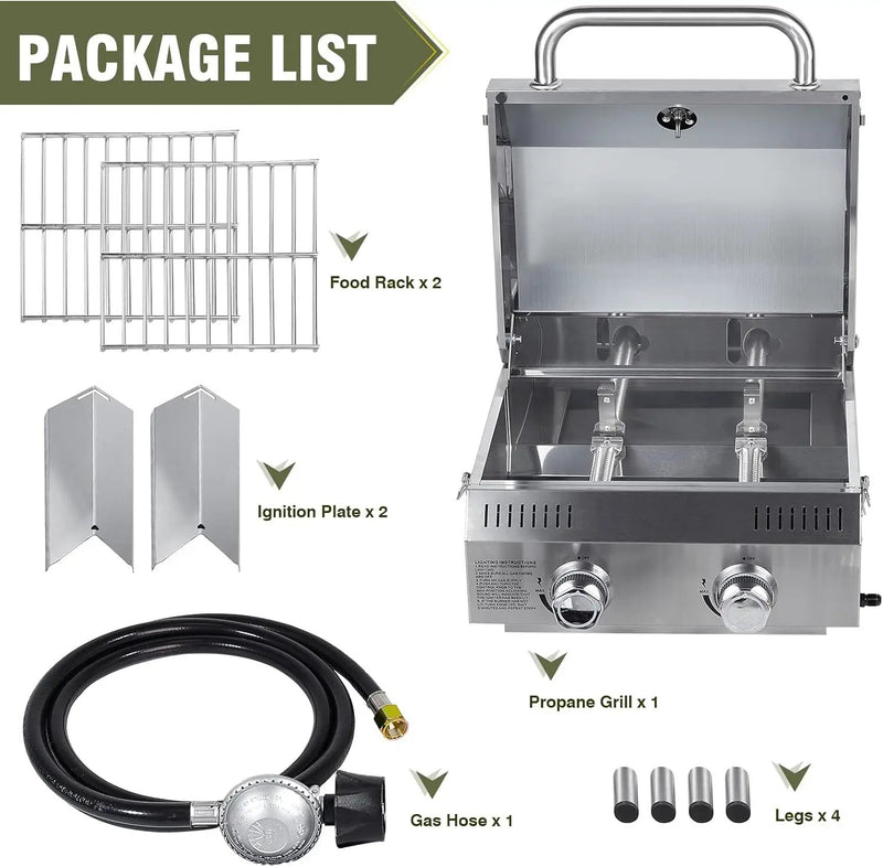 Bestfire Tabletop Gas Grill 2 Burners, 20,000 BTUs Stainless Steel Portable Propane Grill with Legs for Outdoor Patio Backyard Camping, Tailgating, and RV Trips by GreenHaven Gardens