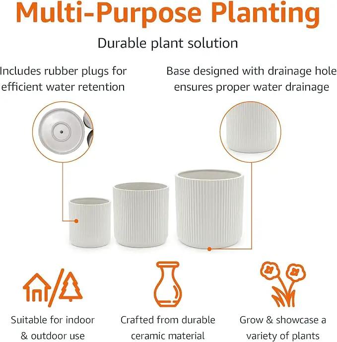 Amazon Basics Assorted Sizes Fluted Ceramic Round Indoor Outdoor Planters with Drainage, Set of 3, Modern Design, 6 inch, 8 inch, 10 inch, White by GreenHaven Gardens