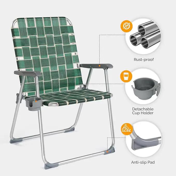VINGLI Folding Webbed Oversized Lawn Chairs with Detachable Cup Holder, 300 LBS High Beach Chair for Adults Heavy Duty, Portable Aluminum Patio Chair for Yard, Garden, 2 Pack,Dark Green by GreenHaven Gardens