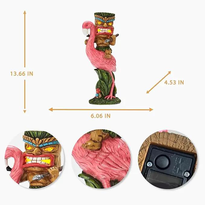 Solar Tiki Statue - Outdoor Statue - Solar Powered Garden Figurine Tiki Decoration for Bar, Patio, Balcony, Yard, Lawn, Table, Riding a Flamingo 13.66 Inches Tall by GreenHaven Gardens