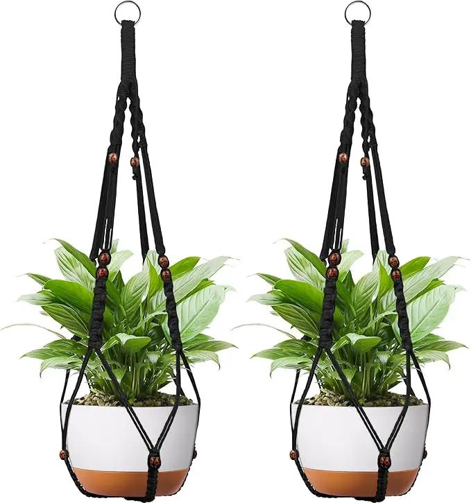 43 Inch Macrame Plant Hanger - Fits 6-15 Inch Pots, Extra Long Hanging Planter Holder for Indoor Outdoor, with Red Wood Beads, Boho Home Decor, 2 Pack, Black (POTS NOT Included) by GreenHaven Gardens