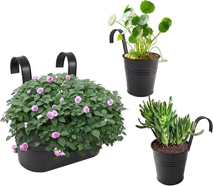 Metal Iron Flower Pots for Railing Fence Hanging Bucket Pots(5 Pcs) and Hanging Flower Pots Metal Iron Bucket Planter(10 Pcs) (Black) by GreenHaven Gardens