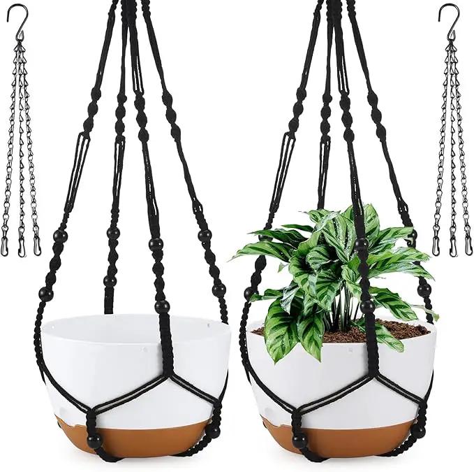 10 Inch Hanging Planter, 2 Pack Hanging Plant Self Watering Pot with Drainage Holes & Saucers, Hanging Baskets Flower Pots with Black Macrame Rope Hangers for Garden Home -White by GreenHaven Gardens
