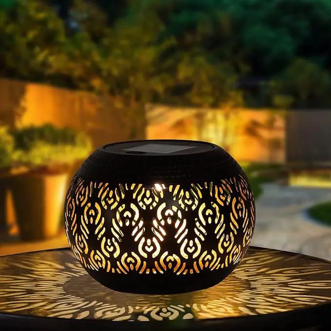 Solar Table Light Outdoor Waterproof- Solar Powered LED Lamp Hollowed-Out Black Peacock Feather Metal Desktop Decorative Lantern for Indoor Desk Bedroom Patio Garden Pathway Yard by GreenHaven Gardens