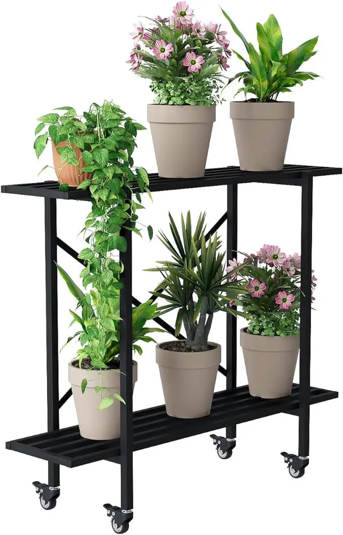 Zhongma 2 Tier Metal Sturdy Narrow Plant Stand with Wheels, Plant Stand Indoor and Outdoor, L35.43 x W10.3 x H29.9 inch, 440 LBS Capacity & Heavy Duty Construction. by GreenHaven Gardens