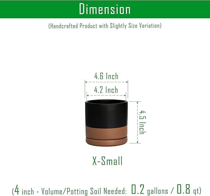 D'vine Dev Ceramic Planter Pot with Drainage Hole and Saucer, Indoor Cylinder Round Flower Pot, 4.6 Inch, Black/Speckled Tan, 94-O-B-7 by GreenHaven Gardens