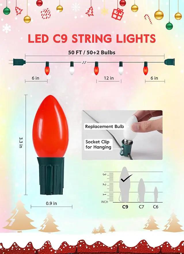 C9 LED Christmas Lights Outdoor, 50 Feet String with 50 Shatterproof Matte Bulbs, Connectable Waterproof Tree Lights for Holiday Roofline Backyard Garden Decor, Red & Pure White by GreenHaven Gardens