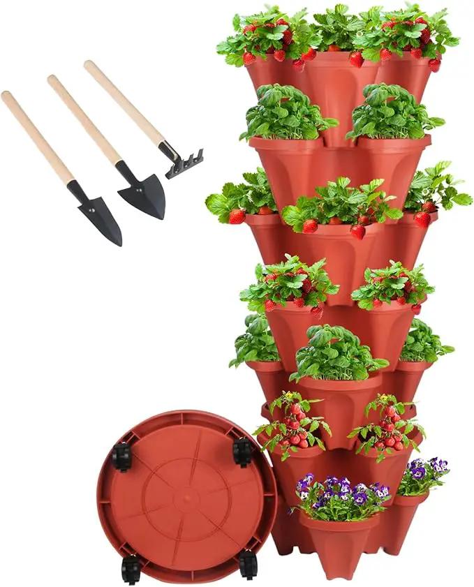 Vertical Planter 7 Tier Stackable Planters Garden Planters Strawberry Herb Flower and Vegetable Planter Indoor Outdoor Gardening Pots with Removable Wheels and Tools by GreenHaven Gardens