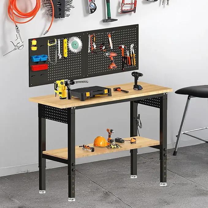 48“ Adjustable Height Workbench Work Bench for Garage Work Table with Under Table Shelf Heavy Duty Rubber Wood Top for Shop Woodworking, Office, Home, Commercial by GreenHaven Gardens