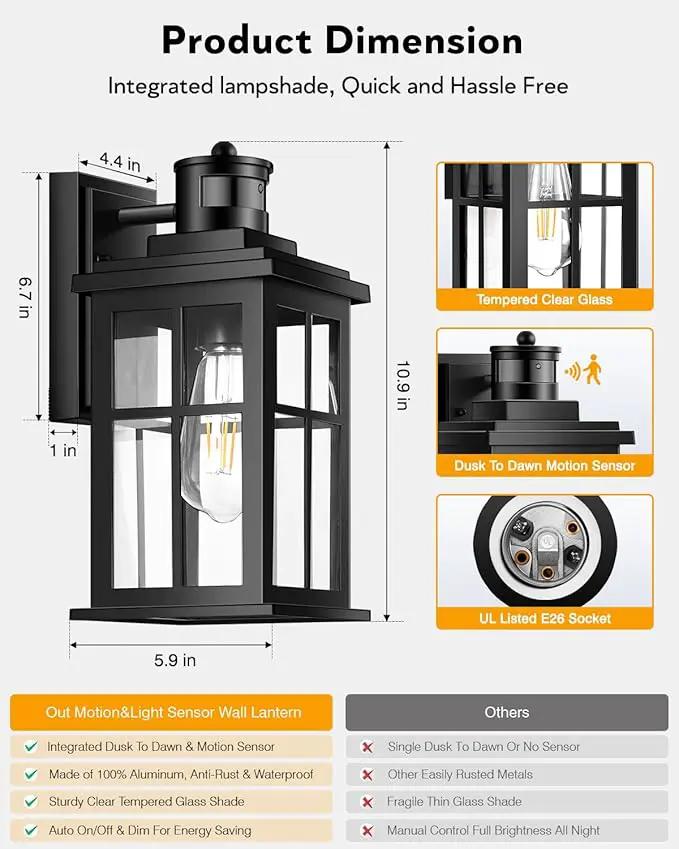 Motion Sensor Outdoor Light, Black Porch Light Dusk to Dawn, Waterproof Outdoor Motion Sensor Light, Anti-Rust Outside Lights for House, Garage, Doorway, Porch, 100% Aluminum by GreenHaven Gardens