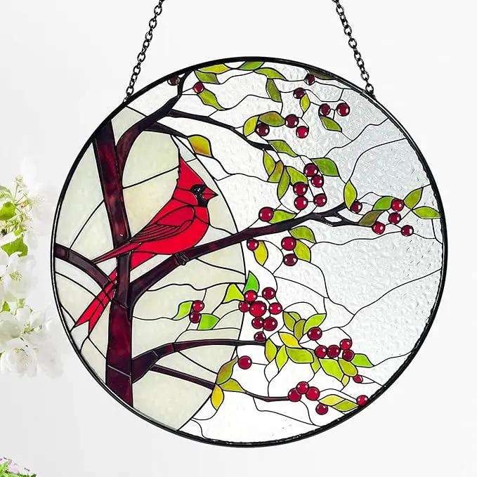 Stained Glass Window Hanging Sun Catcher 7.8”- Cardinal in Full Moon Stained Glass Suncatcher, Red Berry Tree, Nature, Indoor Decor, Wall Art, Gifts for Women by GreenHaven Gardens