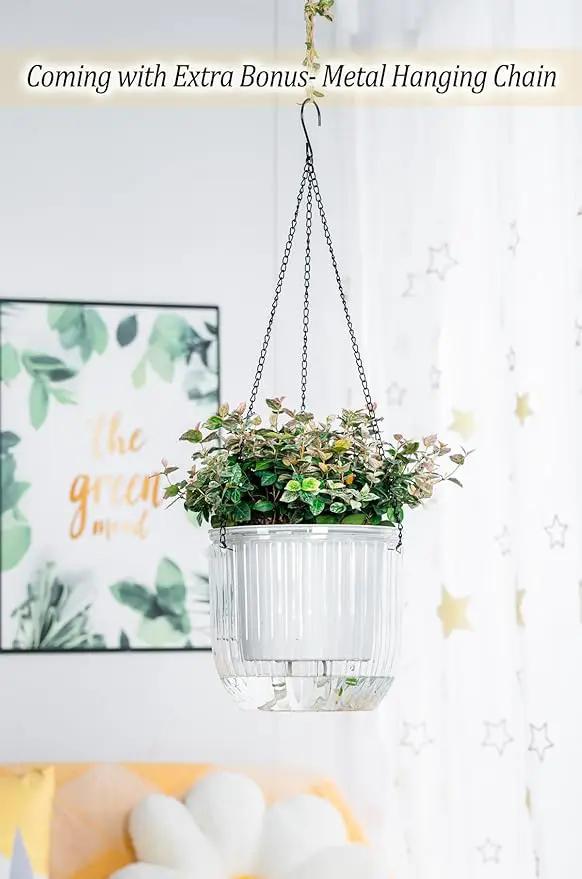 Melphoe Self Watering Hanging Planters for Indoor Plants, 1 Pack 8.3 Inch Outdoor Hanging Plant Pot Basket, 2 Kinds of Hangers Macrame 35.5’’ & Metal Chain 19.6’’ for Garden Home Decor by GreenHaven Gardens