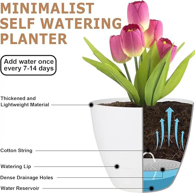 Plant Pots 12/10/9 Inch Self Watering Pots, Set of 3 Plastic Planters with Drainage Holes and Saucers,Plastic Flower Pots,Nursery Planting Pot for Indoor Out Door Plants(Pure White) by GreenHaven Gardens